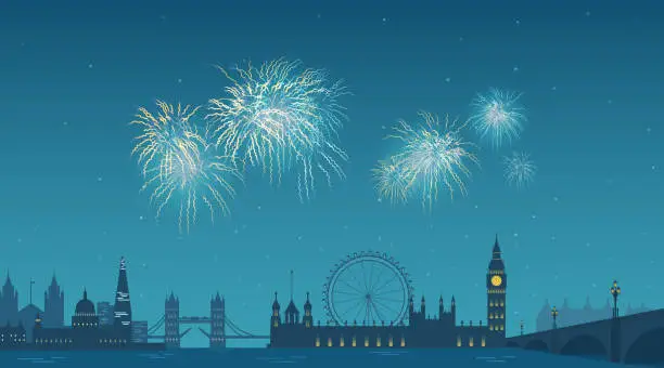 Vector illustration of Sights of London panoramic illustration. Fireworks display in the sky over the city. Old and modern landmark buildings illuminated. Places of interest, famous places at night.