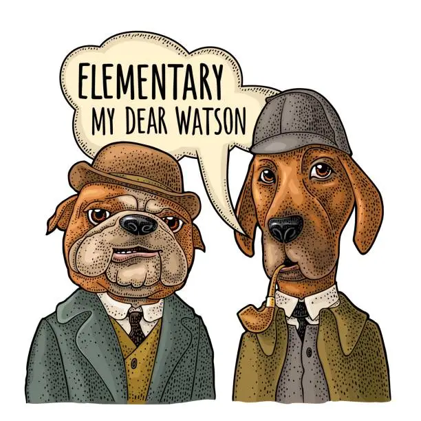 Vector illustration of Two dogs in Sherlock Holmes and Dr. Watson appearance. Vector engraving