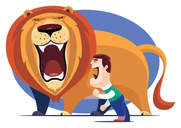 Vector illustration of boy screaming with roaring lion