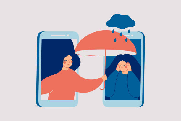 Girl comforts her sad friend over the phone. Woman consoles and cares about girl with psychological problems. Girl comforts her sad friend over the phone. Woman consoles and cares about girl with psychological problems. Concept of support and aid for people under stress and depression over online services. support stock illustrations