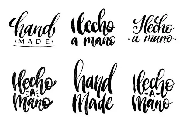 Vector illustration of Set of Hecho A Mano calligraphy, spanish translation of Handmade phrase. Hand lettering in vector.