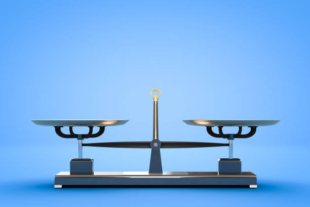 istock Balanced kettlebell scales on a blue background. Side view. With copy space. 3d rendering. 1226396603