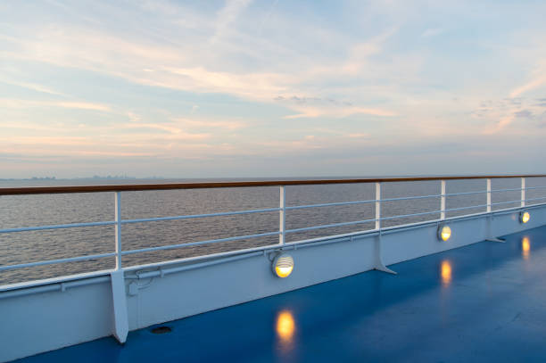 istock Summer vacation, wanderlust. Shipboard on idyllic seascape on evening sky. Ship board in miami, usa in blue sea. Water travel, voyage, journey. Adventure, discovery, trip. 1226397345