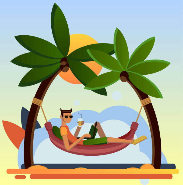 ビーチでリラックスして2つのココナッツの木で太陽の熱の下でカクテルを飲む若い男。カラフルなパレットを備えたフラットな漫画スタイル。こんにちは夏。休日 リゾートの海の休暇 - hammock relaxation palm tree outdoors点のイラスト素材／クリップアート素材／マンガ素材／アイコン素材