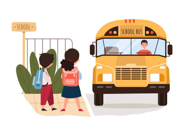 illustrations, cliparts, dessins animés et icônes de jeune frère et soeur attendant un autobus scolaire - bus child waiting education