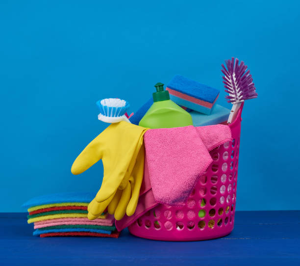 istock basket with washing sponges, rubber protective gloves, brushes and cleaning 1226401498