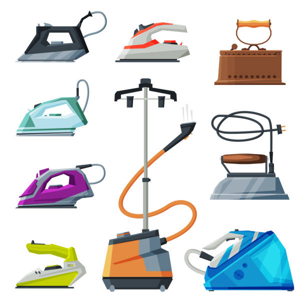 Modern and Old Irons and Cloth Steamer Collection, Household Appliances, Electric Ironing Clothes Devices Vector Illustration Modern and Old Irons and Cloth Steamer Collection, Household Appliances, Electric Ironing Clothes Devices Vector Illustration on White Background. iron steam stock illustrations
