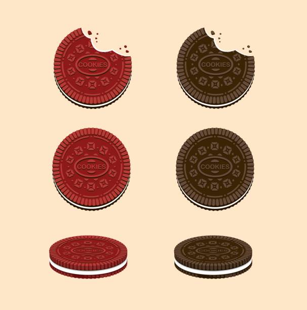 ciasteczka ze śmietaną w smaku czekoladowym i red velvet. ikona kolekcji przekąsek ustawiona w kreskówce płaskiej ilustracji wektoryz mlekiem śmietankowym - biscuit stock illustrations