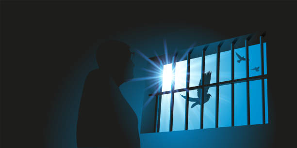 Symbol of freedom with a prisoner who watches birds fly out the window of his cell. Concept of prison and deprivation of liberty with a prisoner watching a bird's flight behind bars from his cell window. death sentence stock illustrations