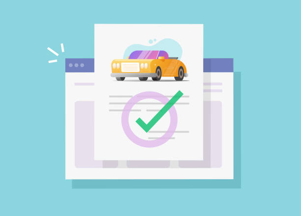 auto- oder kfz-versicherung rechtsdokument online mit check-zeichen oder automobil-website-vereinbarung details vertrag vektor flachkarton illustration, idee der automobil genehmigt web-geschichte bericht design - auto accidents symbol insurance computer icon stock-grafiken, -clipart, -cartoons und -symbole