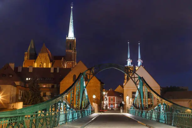 Photo of evening streets and a view of the Wroclaw cathedral