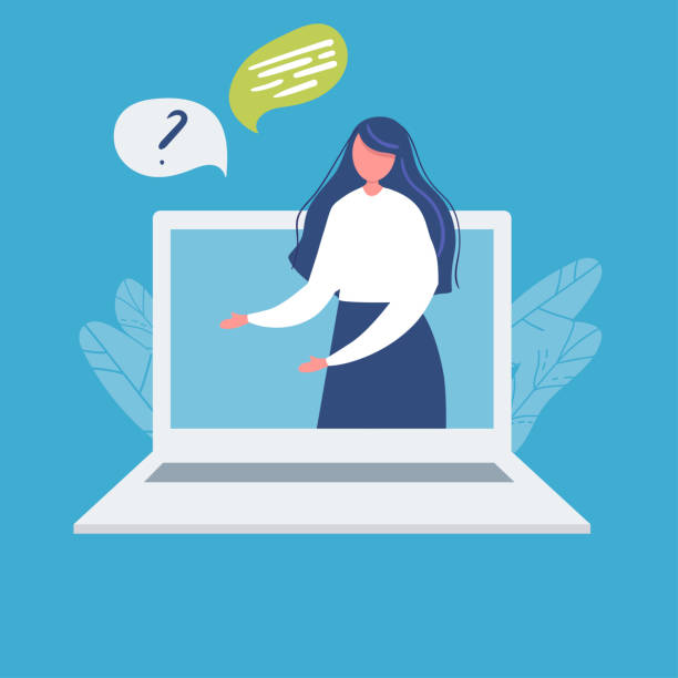 istock Happy operator on laptop screen flat vector illustration on blue background. girl on laptop answers question. consulting, job online, internet. Call center. help. online consultant 1226406182