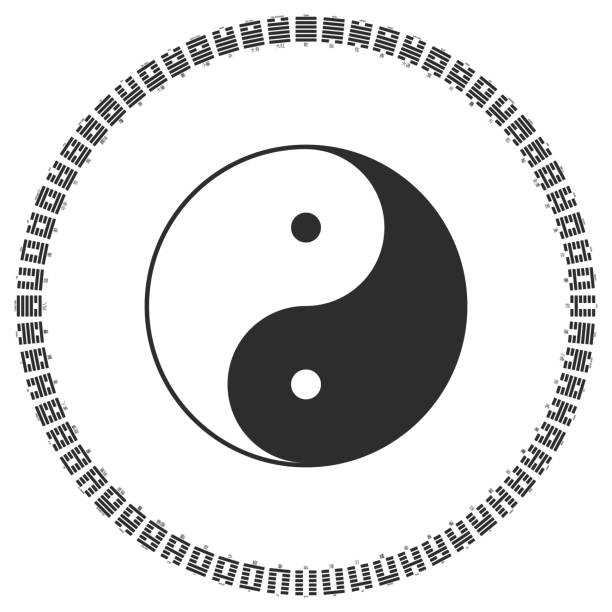 yin und yang symbol mit diagramm von i ching hexagramme - i ching bagua yin yang symbol tai chi stock-grafiken, -clipart, -cartoons und -symbole