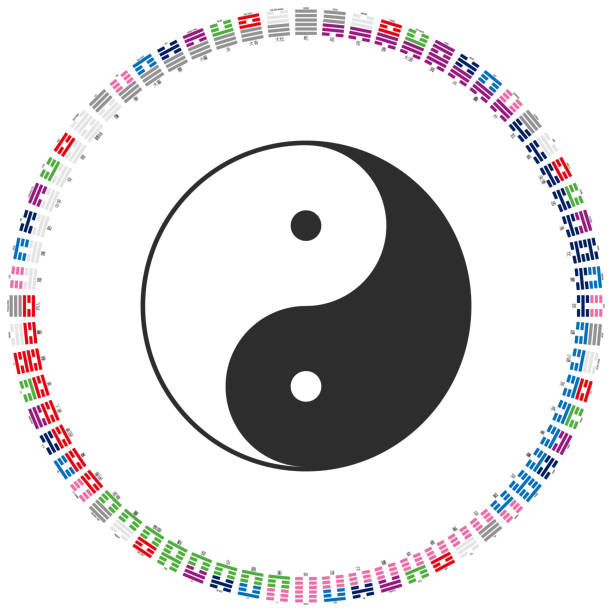 Yin and Yang symbol with Diagram of I Ching hexagrams Vector Yin and Yang symbol with Diagram of I Ching hexagrams tai chi meditation stock illustrations
