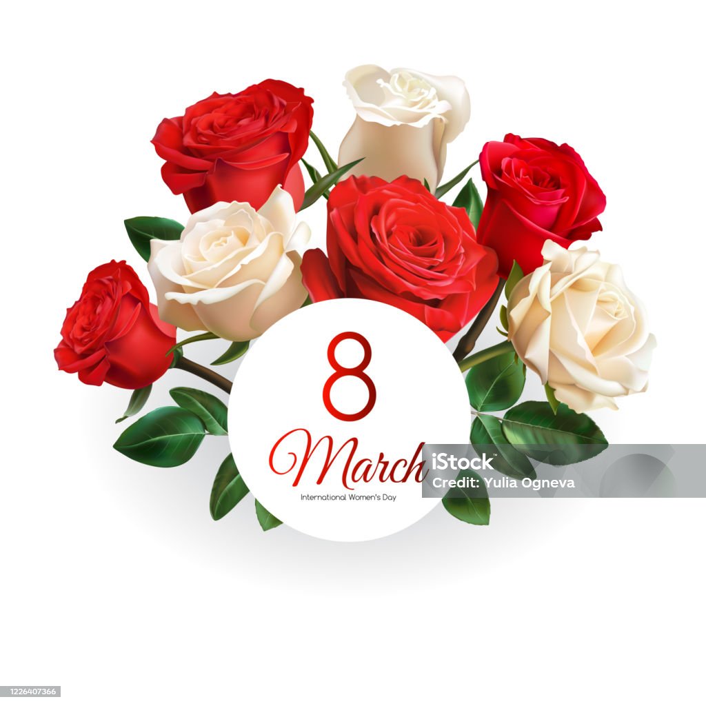 Cartes 8 Mars Journée De La Femme 8 Mars Modèle De Carte De Vœux De La Journée De La Femme Roses Rouges Et Blanches Réalistes Isolées Sur Le Fond Blanc Vecteurs libres de droits et plus d'images vectorielles de