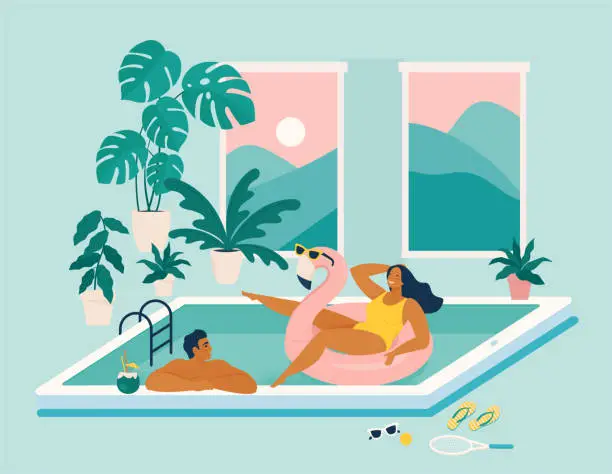 Vector illustration of Couple spend summer vacation at swimming pool during quarantine.