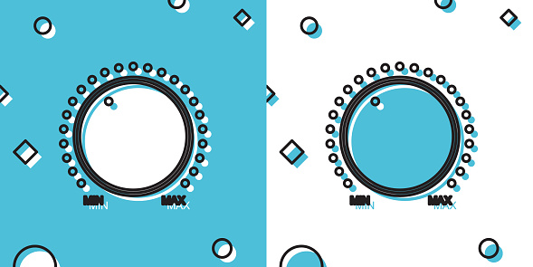 Black Dial knob level technology settings icon on blue and white background. Volume button, sound control, music knob with number scale, analog regulator. Random dynamic shapes. Vector Illustration