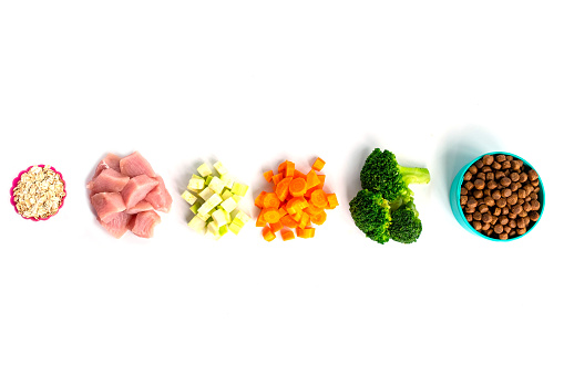 ingredients oat, meat, zucchini, broccoli, carrot for pet food natural on white background.
