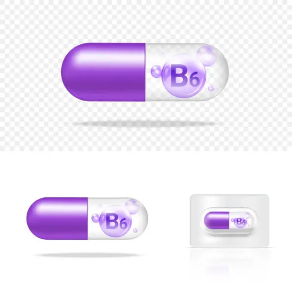 Vector illustration of Mock up Realistic Transparent Pill Vitamin B6 Medicine Capsule Panel on White Background Vector Illustration. Tablets Medical and Healthcare Concept.