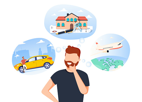 Man think about house, car and vaction on the sea. Male character dream about wealth. Flat vector illustration. Businessman thinking about investing money. What to buy? Business success vector