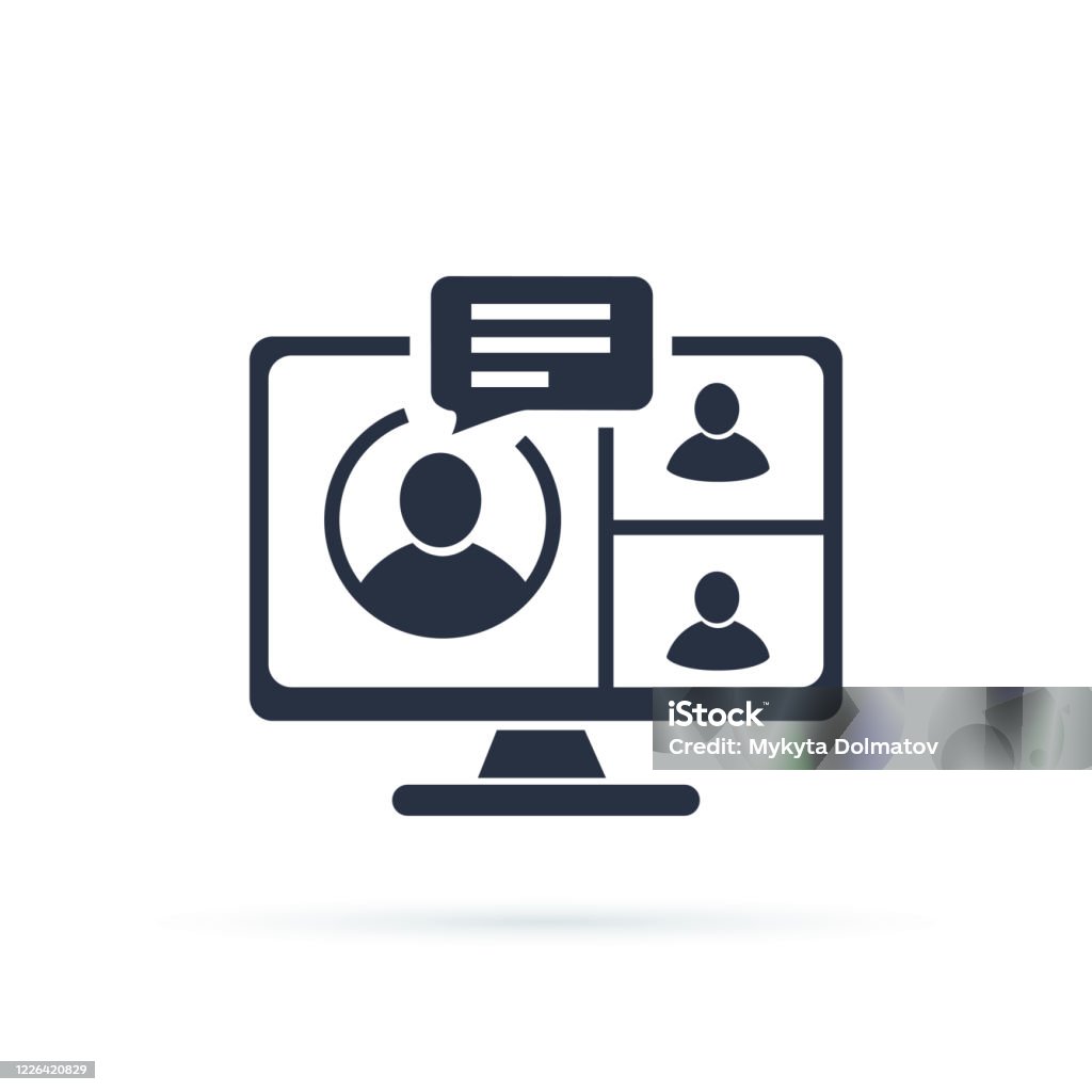 Video conference icon. People on computer screen. Home office in quarantine times. Digital communication. Teaching media Video conference icon. People on computer screen. Home office in quarantine times. Digital communication. Internet teaching media. Webinar concept, online course, distant education, video lecture. Icon Symbol stock vector