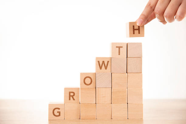 istock Hand Arranging Wood Blocks as Step Stair with Word Growth 1226422040