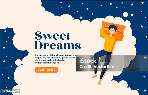 istock Sweet dreams, good health concept. Young man sleeps on side. Vector illustration of boy in bed, night sky, stars. Advert of mattress. Design template with pose of sleeping for flyer, layout 1226424621
