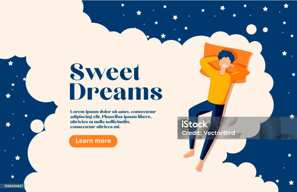 Sweet dreams, good health concept. Young man sleeps on side. Vector illustration of boy in bed, night sky, stars. Advert of mattress. Design template with pose of sleeping for flyer, layout Sleeping stock vector