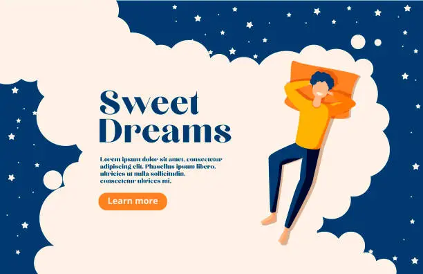 Vector illustration of Sweet dreams, good health concept. Young man sleeps on side. Vector illustration of boy in bed, night sky, stars. Advert of mattress. Design template with pose of sleeping for flyer, layout