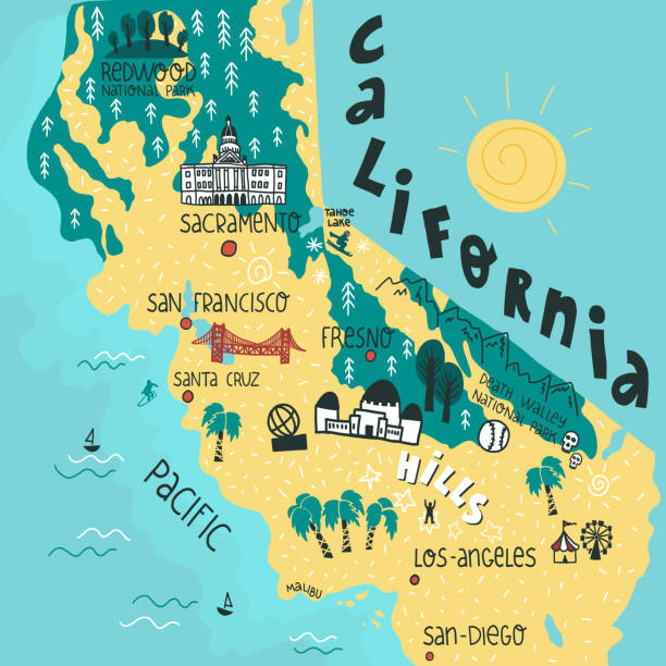 ilustraciones, imágenes clip art, dibujos animados e iconos de stock de california estado divertido y colorido dibujado a mano mapa con lugares de interés y las ciudades más grandes puntos letras. ilustración vectorial plana. - gold gate bridge san francisco county