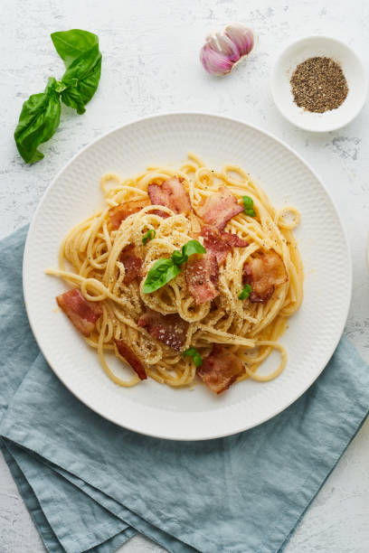 istock Carbonara pasta. Spaghetti with pancetta, egg, parmesan cheese and cream sauce 1226427938