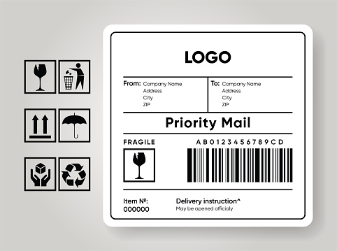 Shipment label template. Cargo sticker. Delivery bar code mockup. Fragile, handle, recycle icon. Information about company recipient. Priority mail with barcode mock up.