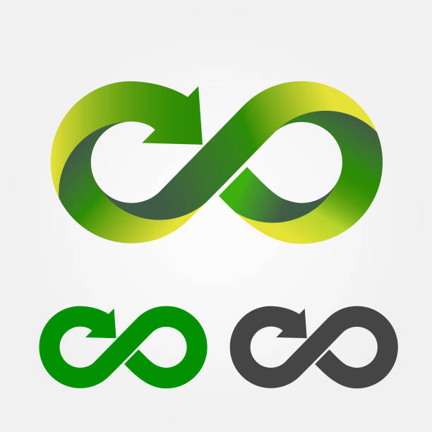 Modern recycling logo. Infinity sign. Symbol of environment. Green and yellow gradient. Nature. Arrow at the end of infinity icon. 2 variants of the same icon. 3D logo. Vector illustration Modern recycling logo. Infinity sign. Symbol of environment. Green and yellow gradient. Nature. Arrow at the end of infinity icon. 2 variants of the same icon. 3D logo. eternity symbol stock illustrations