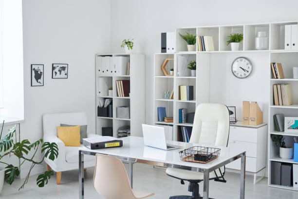 Office of business person with desk, armchair of professional, chair for clients Office of business person with desk, armchair of professional, chair for clients, shelves, clock, green plant and two pictures on wall home office chair stock pictures, royalty-free photos & images