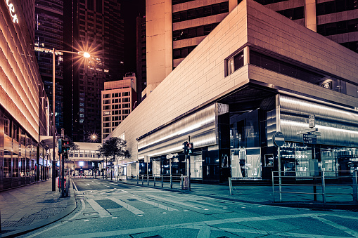 City square, business financial district at night, Hong Kong