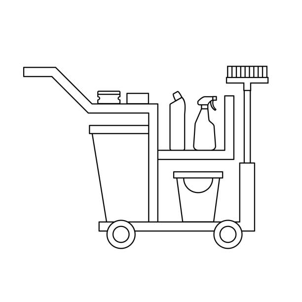 Cleaning trolley line icon. Cleaning service cart. Bucket, broom, detergent, sponge, rag, sanitizer. Black outline on white background. Janitors equipment. Disinfection. Vector illustration, clip art. maid stock illustrations