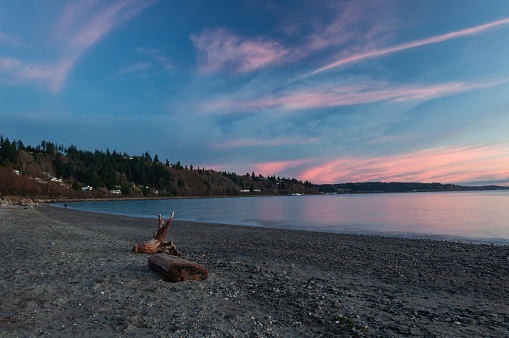 Long exposure shot of coast and waterfront at evening in Picnic Point area, WA, USA