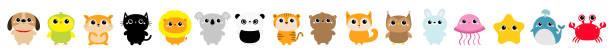 ilustraciones, imágenes clip art, dibujos animados e iconos de stock de perro gato koala parrot hamster lion panda tiger bear fox owl conejo ballena medusa cangrejo cangrejo icono icono conjunto. lindo caricatura kawaii divertido personaje bebé. diseño plano. los niños imprimen. fondo blanco. aislado. - symbol sea animal owl