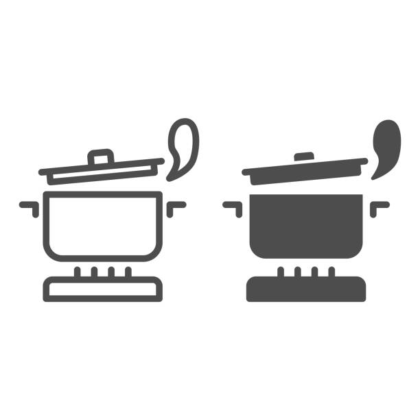 ilustrações de stock, clip art, desenhos animados e ícones de pan with steam on the gas stove line and solid icon, cooking concept, saucepan on fire sign on white background, boiling pot icon in outline style for mobile concept and web design. vector graphics. - saucepan fire steam soup