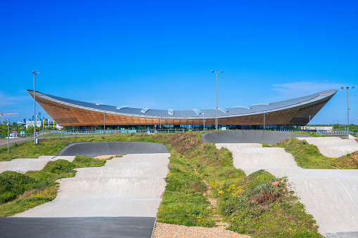 London, UK - 21 September, 2019 - Lee Valley Velopark, a cycling centre on Queen Elizabeth Olympic Park, including a velodrome and BMX racing track