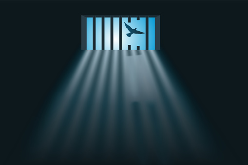 Symbol of freedom with a prisoner who escaped through the window of his cell by sawing the bars.