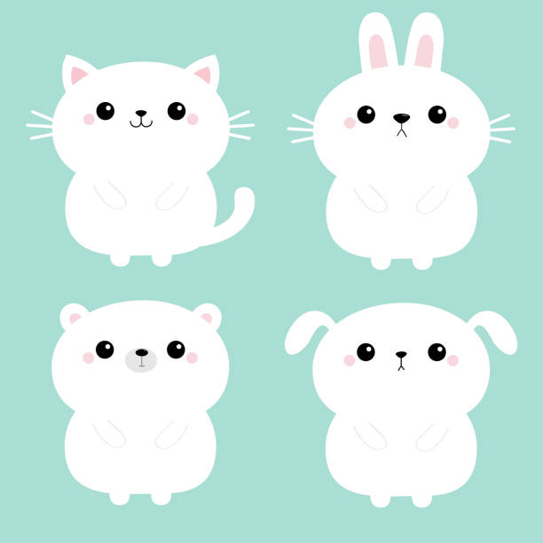 White Cat Kitten Kitty Bear Dog Puppy Rabbit Bunny Hare Icon Set Kawaii  Animal Cute Cartoon Character Funny Baby Love Card Flat Design Blue  Background Isolated Stock Illustration - Download Image Now -