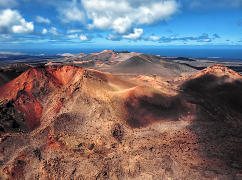Aerial panorama of Volcanic landscape in Timanfaya National Park, Lanzarote, Canary Islands