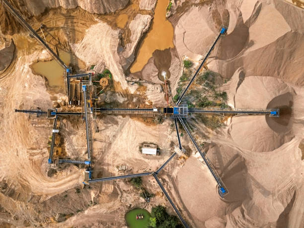 Overhead aerial view of crushed stone quarry machine