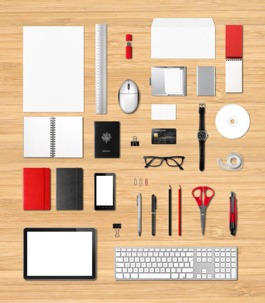istock Office supplies mockup template, wooden background 1226436522