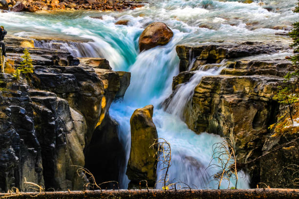 grandes rocas se interponen en el camino del agua corriendo sobre las cataratas de sumwapta. parque nacional yoho, alberta, canadá - boulder flowing water mountain range rock fotografías e imágenes de stock