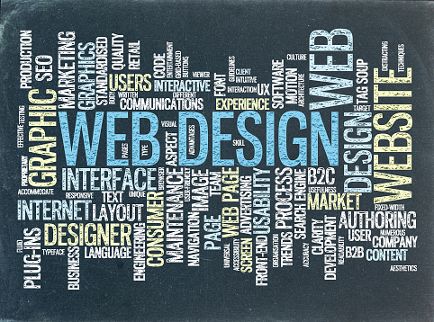 WEB DESIGN word cloud on blackboard background