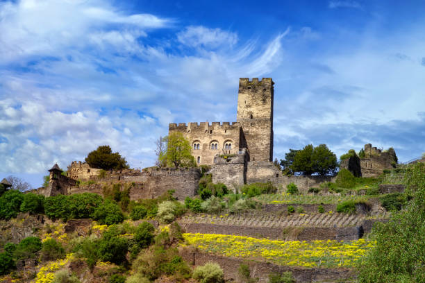Kaub, Germany, 04/15/2020: Gutenfels Fortress (German: Burg Gutenfels) in a spring-like landscape 110 m above the town of Kaub in Rhineland-Palatinate, Germany
