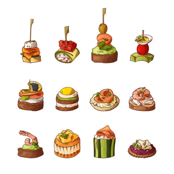 Vector illustration of Set of finger food elements. Canape and appetizes served on sticks in sketch style. Catering service template. Vector illustration