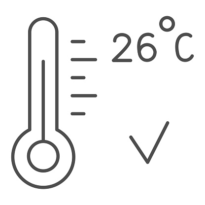 Keep healthy air temperature at home in coronavirus pandemic thin line icon, covid-19 concept, thermometer with 26 degrees sign on white background, glass bulb with mercury icon in outline style